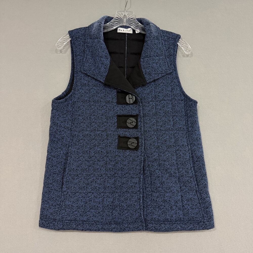 Habitat Quilted Vest Small Blue Black Textured Pockets Button Equestrian